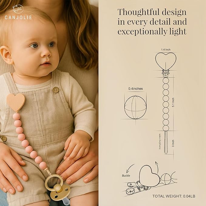 Wood Paci Clips 2 Pack for Baby Girl, Premium Flexible Bead Design, Universal Fit, Safe Pacifier Holder