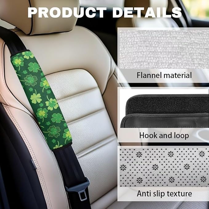 Saint Patrick's Day Seat Neck Strap Covers 2 PCS Clover Seatbelt Shoulder Pad Easy to Install Car Seat Strap Covers Soft Seat Belt Cushions Pads Compatible with All Cars and Backpack