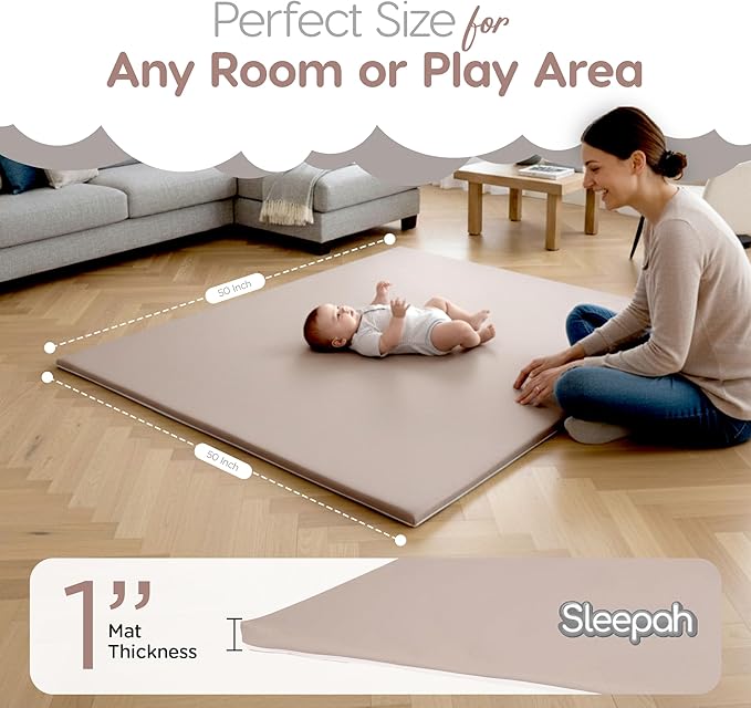 Baby Play Mat for Floor (50" x 50") Waterproof Vegan Leather - Easy to Clean w Removable Cover - Mat for Tummy Time - Padded Thick 1.5" Foam Support Non-Slip Bottom for Infant Kids and Toddler (Tan)