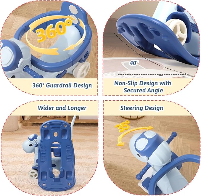 4 in 1 Rocking Horse for Toddlers 1-3 Years Old, Baby Rocking Toy Fun Birthday Gift for 1+ Kids, Ride on Toy with Guard Rails, Detachable Balance Board and Footrest with Push Handle (Blue)