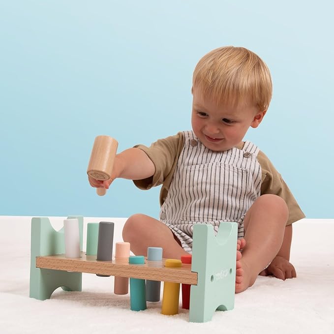 Owl & Fox Wooden Hammering Bench, Imitation Play Bench with Hammer and Pegs, Montessori Development Game; for Boys and Girls 12 Months and Up