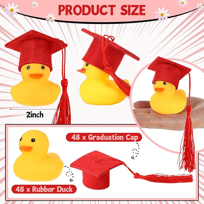 Jerify 48 Pcs Graduation Rubber Ducks with Grad Cap 2026 Diploma Grad Rubber Duck Graduation Party Bath Pool with Storage Bag for Student Gifts Party Favor(Red)
