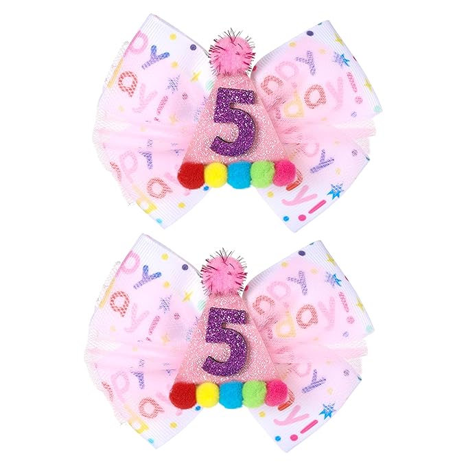 2Pcs Birthday Hair Bow for Baby Girls 1 2 3 4 5 6 Years, Pink Confetti Ice Cream Party Decorations, Sparkling Bows Hair Accessories for 5th Birthday