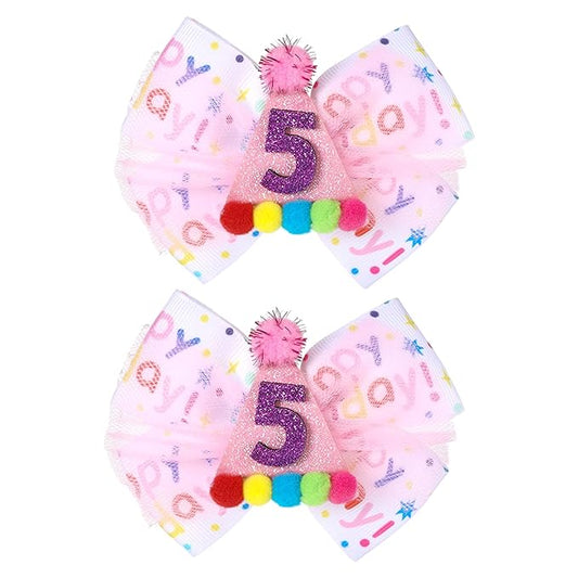 2Pcs Birthday Hair Bow for Baby Girls 1 2 3 4 5 6 Years, Pink Confetti Ice Cream Party Decorations, Sparkling Bows Hair Accessories for 5th Birthday