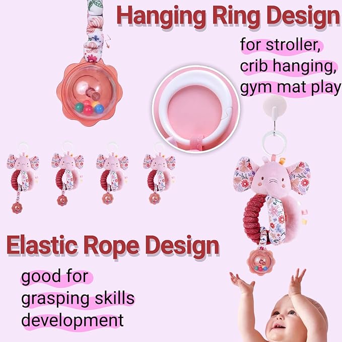 Baby Toys 0-6-12 Months Spiral Car Seat Toy, Infant Stroller Hanging Rattle Stuffed Animal Newborn Girl Boy Gift Easter Basket Stuffers Mirror Pink Elephant 3PCS