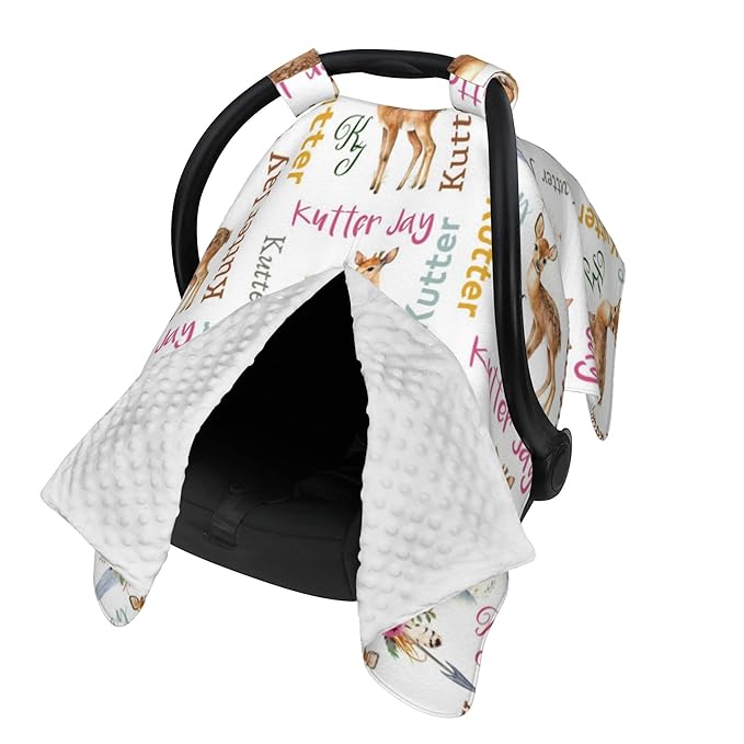 Personalized Winter Carseat Cover for Baby Custom Name Car Seat Canopy for Newborn Baby Boys Girls 2 in 1 Mom Nursing Breastfeeding Covers Deer Minky Baby Carrier Stroller Covers