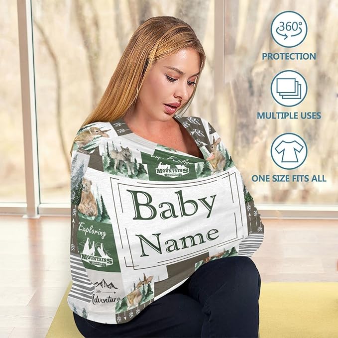 Personalized Multiuse Baby Car Seat Covers for Boys Girls, Custom Name Carseat Canopy, Nursing Breastfeeding Scarf, Gift for Newborn Babies, Infant Stroller Cover, Woodland Animal