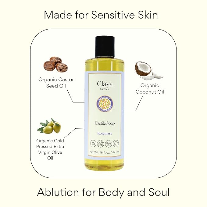 Claya Liquid Castile Soap – Organic Ingredients, Biodegradable, Gentle for Sensitive Skin and Versatile Use (16 fl oz (Pump Cap), Unscented)
