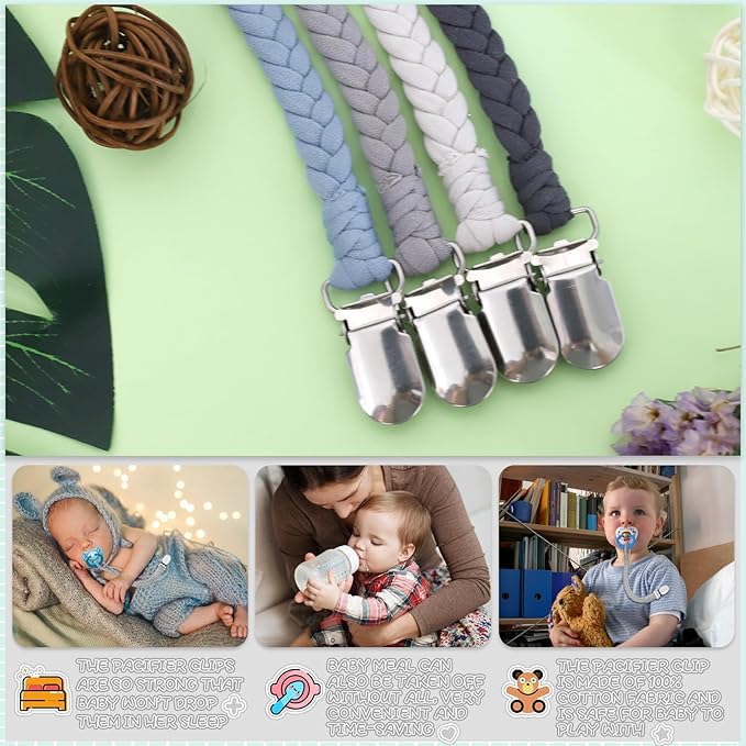 4 Pcs Pacifier Clip, Pacifier Clips for Boys & Baby Girls Pacifier Holder Clip Binky Clips Braided 100% Handmade Fits All Pacifiers(Grey, 4 Pack)