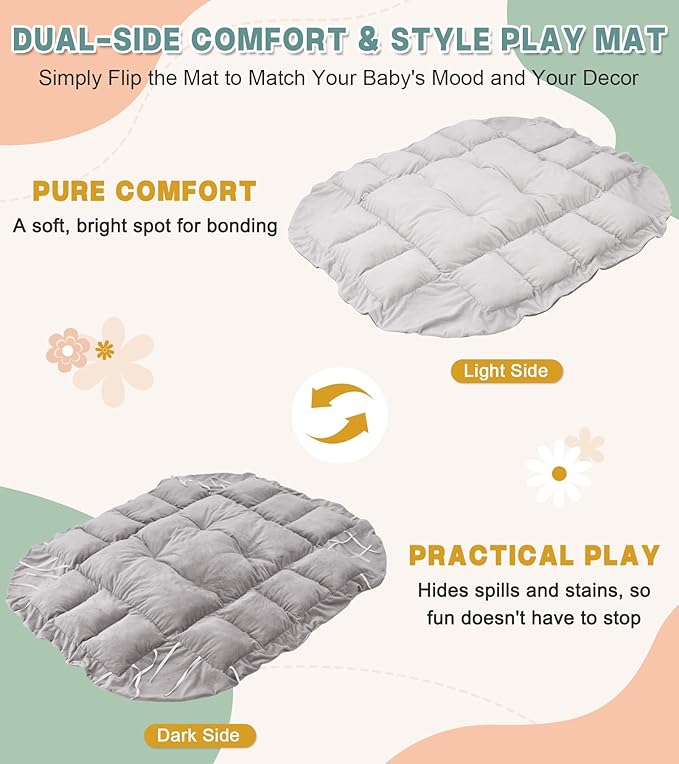 5-in-1 Baby Play Gym and Tummy Time Mat, 12 Learning Cards, Plush Activity Mat with 6 Toys, Baby Gym, Convertible to Ball Pit, Baby Gift, Grey