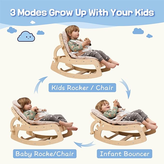Baby Bouncer,Adjustable Baby Rocker, 3-in-1 Wooden Rocker Chair with 5-Point Harness, Recliner Seat for Infant to Toddlers,Beige