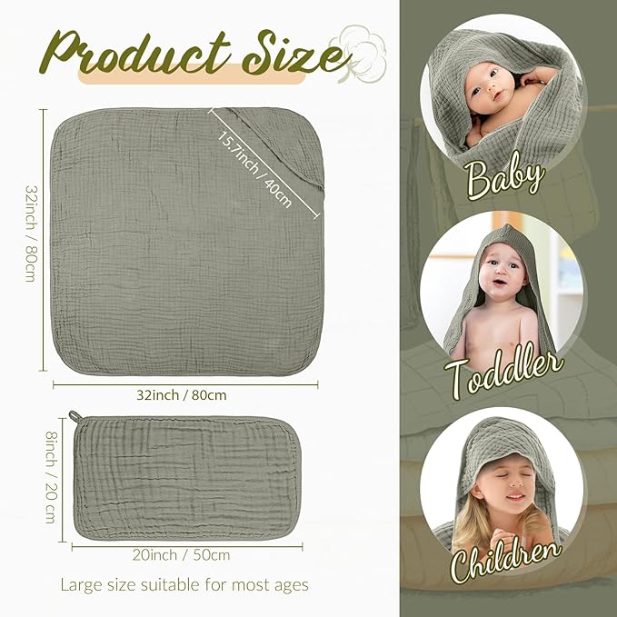 VitalCozy 12 Pcs Baby Muslin Hooded Bath Towels and Washcloths Muslin Cotton Hooded Baby Towels Absorbent Blankets for Gift Newborn Infant Shower (32 x 32 Inch,Earthy Tones)