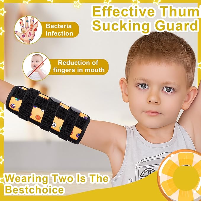 JFHNMLW 2 Pcs Thumb Sucking Deterrent, Yellow Ball Sports Elbow Thumb Guard for Thumb Sucking, Nail Biting Treatment for Kids Prevention Anti Nose Picking for Boys Girls Finger Sucking Prevention