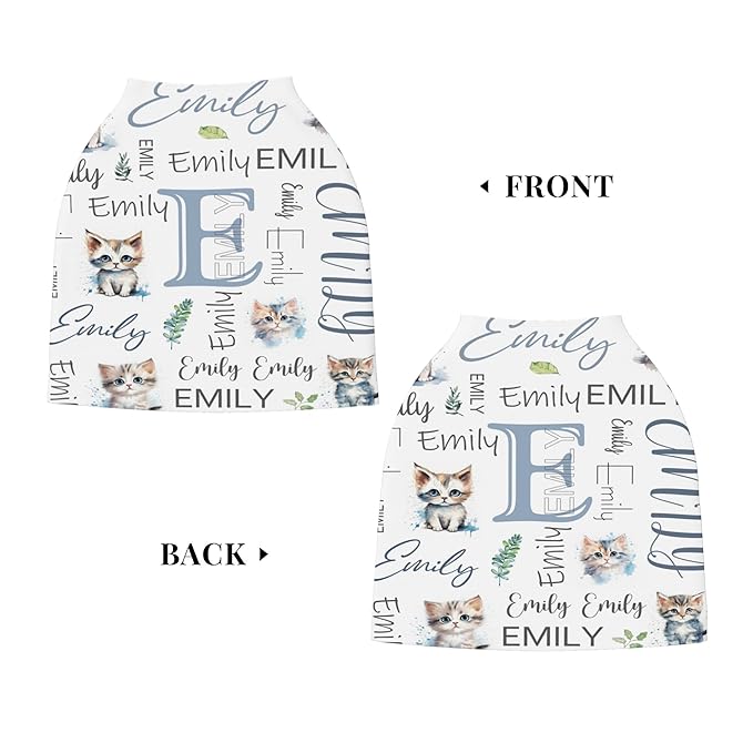 Personalized Car Seat Covers with Name, Cat Baby Canopy Carrier Cover, Breathable Breastfeeding Nursing Cover, Stretchy Multi-Use Infant Carseat Stroller Cover