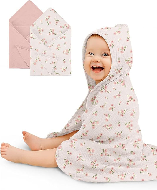 Hooded Baby Towels 2 Pack, Muslin Baby Bath Towels with Hood for Newborn Infant and Toddler, Soft Breathable & Absorbent, 32" x 32" (Rosy, Heavyweight)