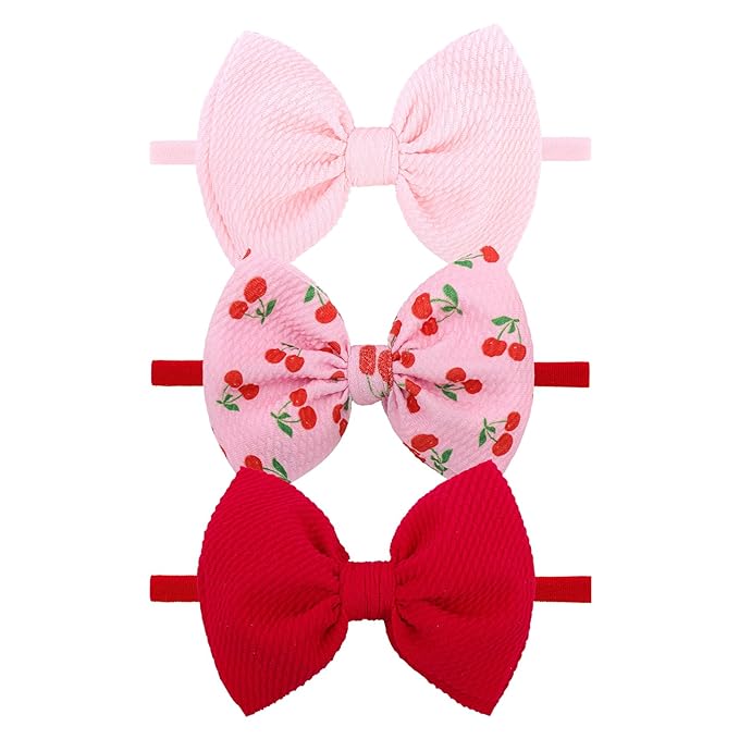 3PCS 4.5’’ Cherry Pink Baby Bow Girls Headbands Red Bows Newborn Hair Accessories Summer Outfits for Infant Toddler Girl Clothes