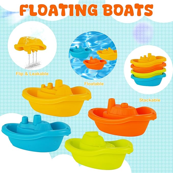 Baby Bath Toys for Kids Ages 1-3, 16 PCS Mold Free Bath Toys for Toddlers with Floating Boats,Watering Can,Water Cup Set& Bath Spoons, Bathtub Water Pool Toys for Babies and Toddlers