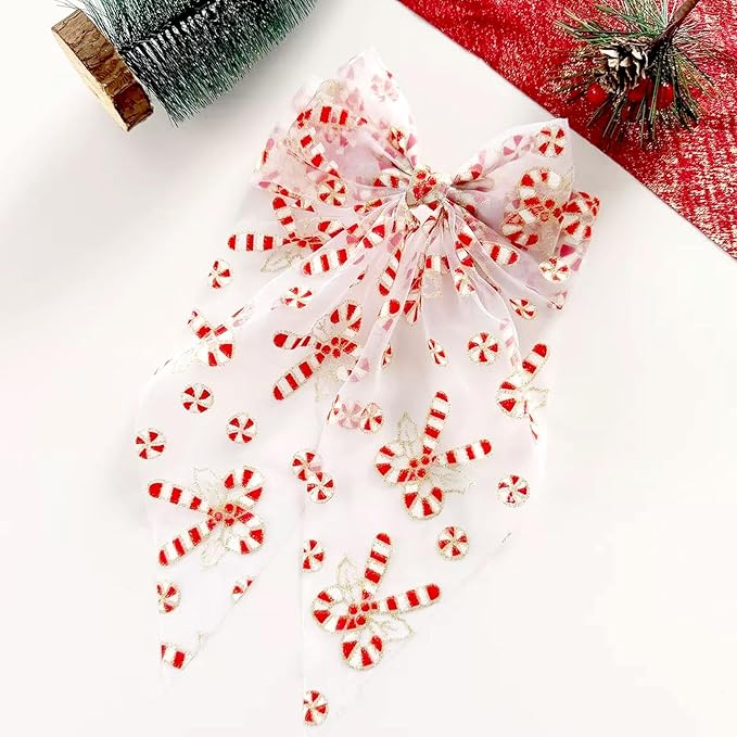 Christmas Bow Hair Clips for Women Girls, Red White Glitter Bow Hairpin, Santa Cane Alligator Clips with Long Tail, Festive Hair Accessories – Xmas Party Wedding Decorations(1 Pack)