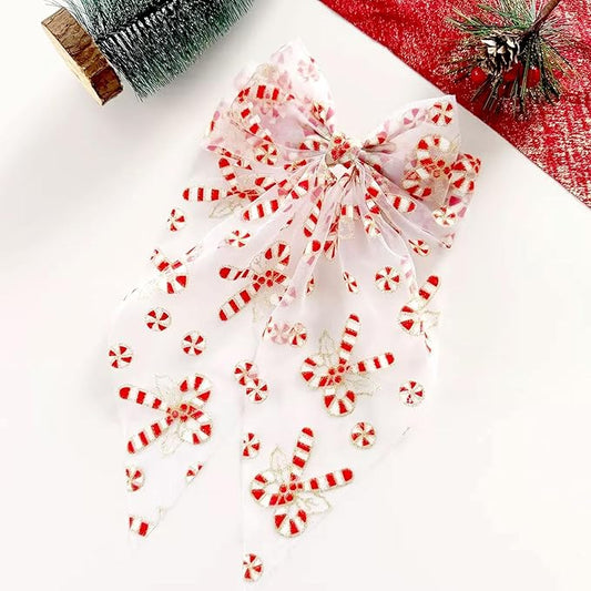Christmas Bow Hair Clips for Women Girls, Red White Glitter Bow Hairpin, Santa Cane Alligator Clips with Long Tail, Festive Hair Accessories – Xmas Party Wedding Decorations(1 Pack)