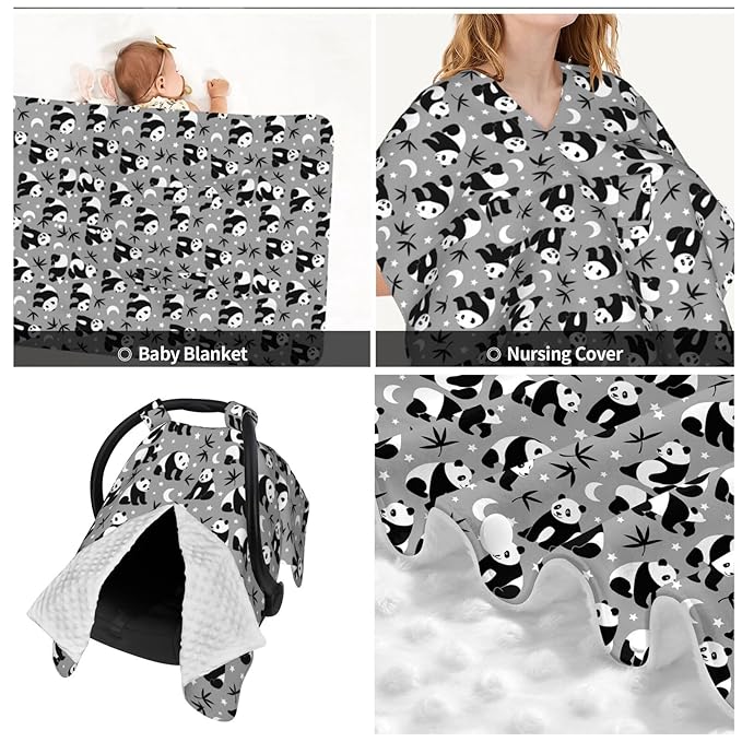 Panda with Leaves Baby Car Seat Canopy Nursing Cover for Newborn Car Seat Breastfeeding Covers Blanket Newborn Shower Gift