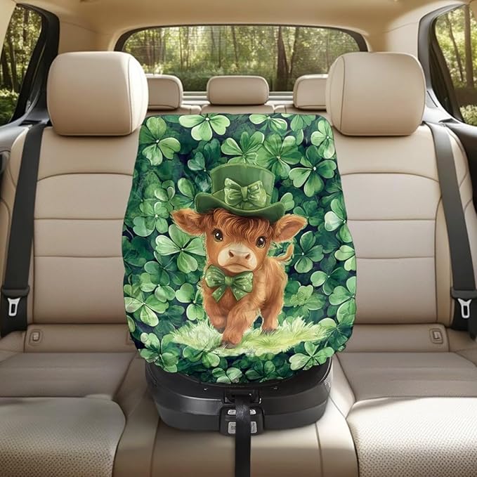 XYZCANDO St Patrick's Day Car Seat Cover Baby Travel Highland Cow Car Seat Covers for Babies Waterproof Baby Car Seating Sun Shade Cover Elastic Car Seat Sun Protection Gift for Birthday