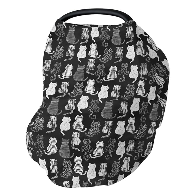 Stylish Cat Shapes Car Seat Cover for Babies Black and White Cat Stretchy 5-in-1 Covers Adjustable Car Canopy Cover Cats Lovers Gift Breathable Nursing Cover-Up