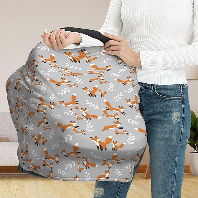 Cute Foxes Leaves Gray Baby Car Seat Covers Carseat Canopy Soft Infant Stroller Cover Nursing Breastfeeding Covers for Girls Boys Newborn