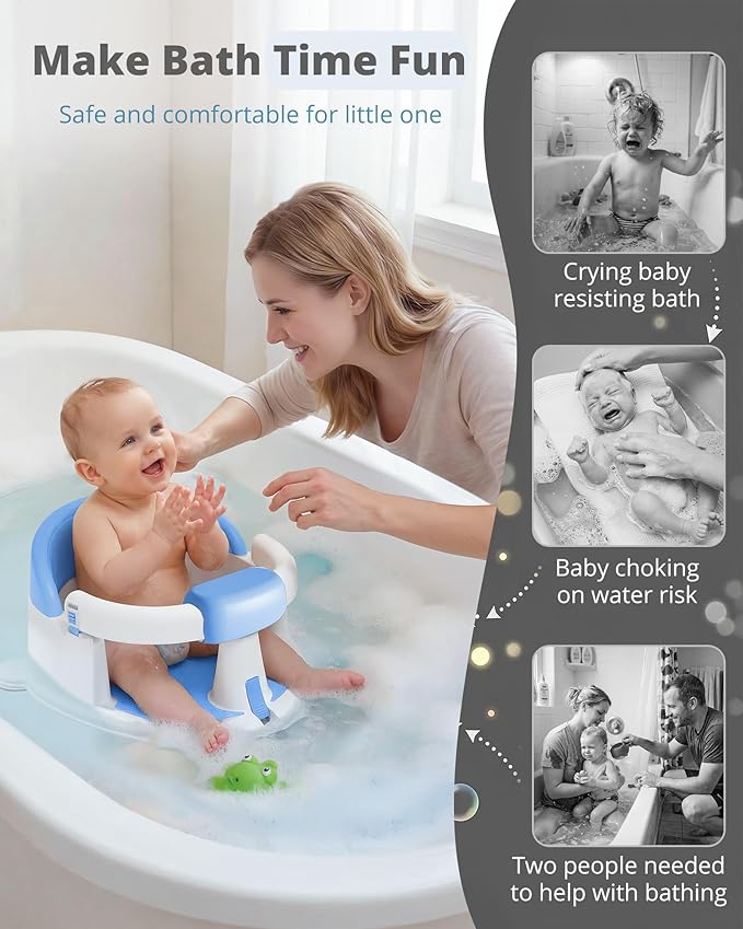 ONTHEWEI Baby Bath Seats for Babies Sitting Up, Non-Slip Baby Bathtub with 3 Suction Cups, Safe & Comfortable Toddler Bath Seat Ideal for Baby Bath/Shower Support, Stable Design, Grey (6-24 Months)