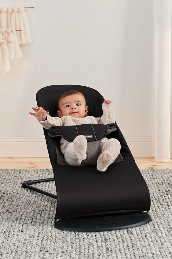BabyBjörn Bouncer Balance Soft, Cotton, Black/Dark Gray | 2-in-1 Adjustable Baby Bouncer Seat and Toddler Chair, Newborn to Toddler (8-29 lbs), 4 Positions, Lightweight & Portable
