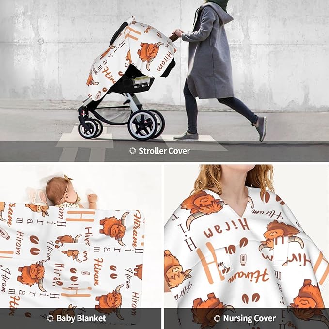 Customized Highland Cow Baby Car Seat Cover for Boys Girls, Personalized Peekaboo Opening Carseat Covers with Name, Custom Nursing Covers Breastfeeding Scarf for Infant Newborn