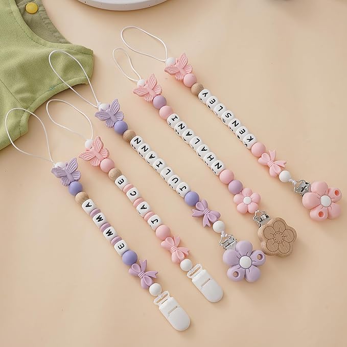 Personalized Baby Pacifier Clip with Name,Customized Name Silicone String Clip for Boy Girl (Purple)
