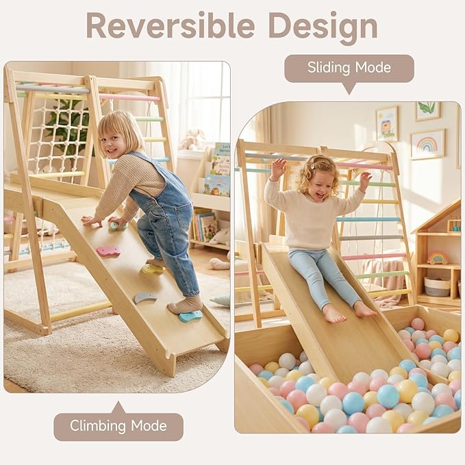 OLAKIDS Indoor Jungle Gym, 8 in 1 Wooden Montessori Toddler Climbing Toys with Adjustable Ramp Swing Slide, Monkey Bar Rope Ladder Waiting Area (Colorful)