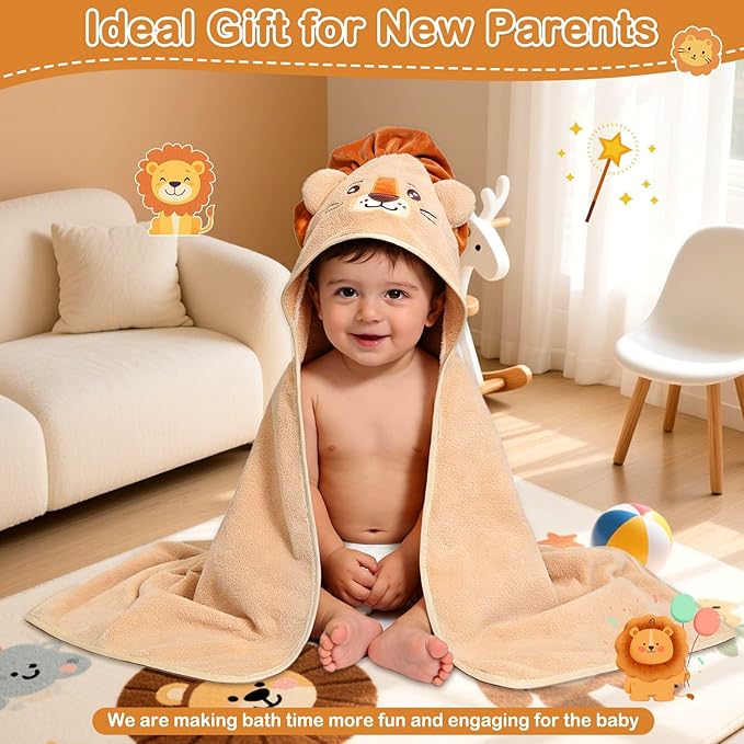 Flasoo 4 Pcs Baby Towels and Washcloths Set, Soft Hooded Bath Towel, 1 Baby Towel and 3 Baby Washcloths for Newborns, Toddlers, and Kids, 32x32 inch Baby Towel with Hood for Boy and Girl (Brown Lion)