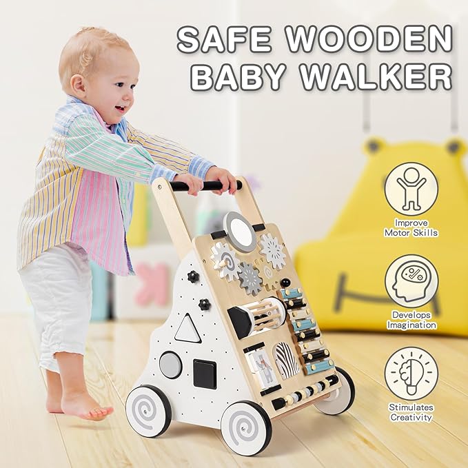 HUZU Wooden Baby Walker with Wheels, Montessori Push and Pull Activity Center for Toddlers, Adjustable Height & Speed, Learning Toy for 6-12 Months 1-3 Years Old Boys and Girls (Nature Wood)