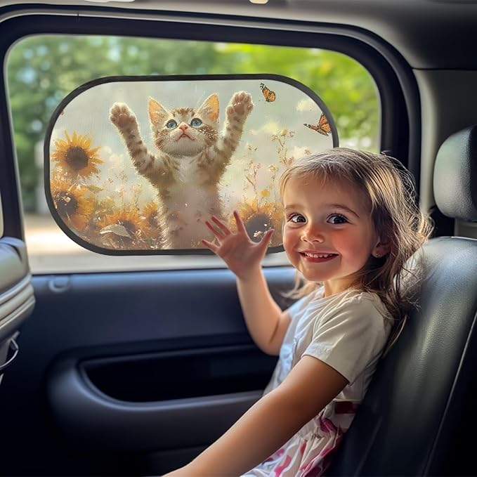 Bulopur Cute Cat Car Sun Shade 2 Pack Car Window Shades for Baby Cute Design UV Protection Breathable Easy to Install Car Decor Accessories Fit Most Car, Truck, SUV, or Van