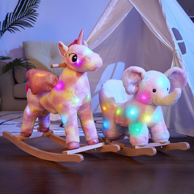Glow Guards Light up Musical Elephant Baby Rocking Horse, Rainbow Elephant Rocker Set of 2 with Elephant Stuffed Animal, Stuffed Plush Ride-on Rocking Animal for Toddlers Baby Girl Ages 1-3