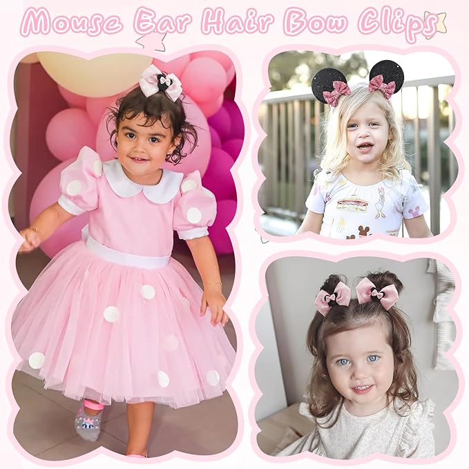 2 Pairs Pink Mouse Ears Hair Clips & Mouse Hair Bows Barrettes for baby Girls Accessories Birthday Party Decorations Gift