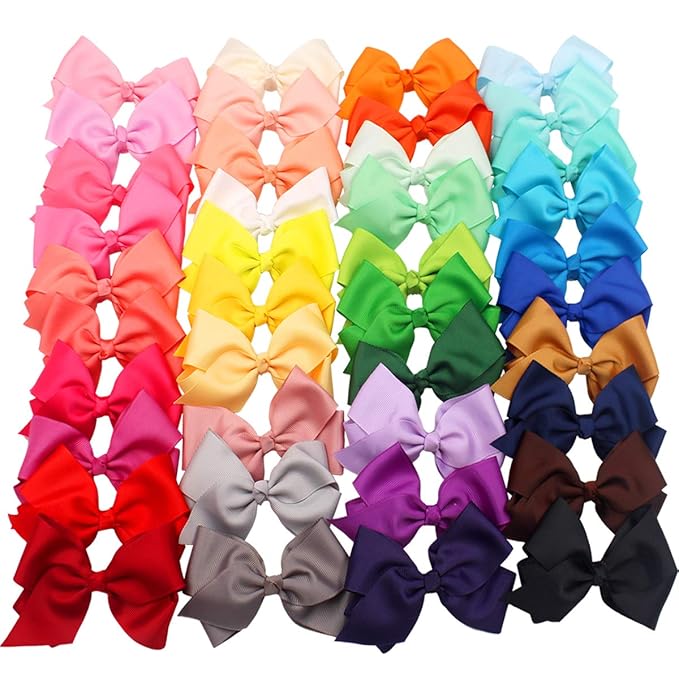 4 inch Hair Bow for Girls in 40 Colors, Grosgrain Ribbon PIgtail bows Alligator Hair Clips for Baby Girls Toddlers and Schoolgirls