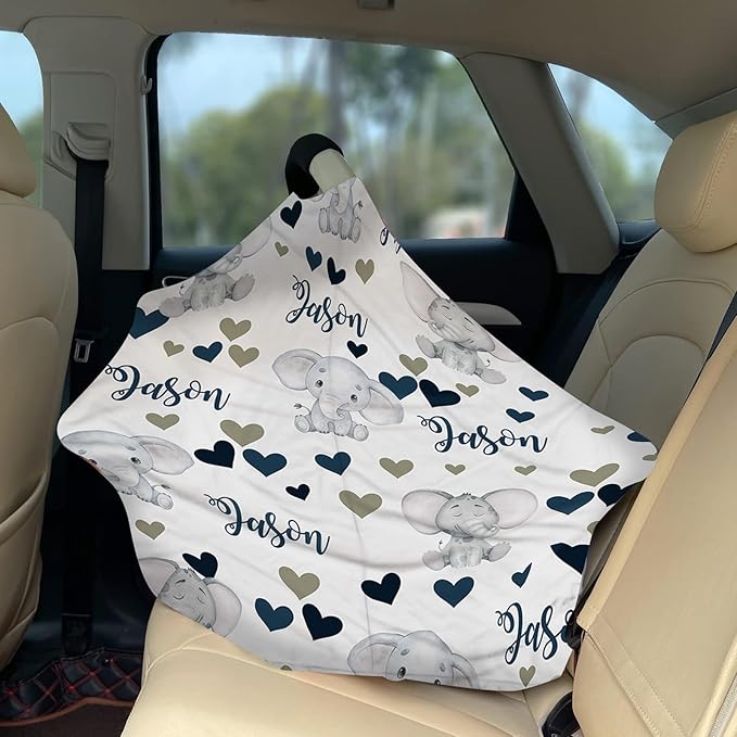 Personalized Baby Car Seat Cover Stroller Canopy: Custom Name Newborn Baby Boy Girl Elastic Elephant Love Nursing Cover for Moms First Birthday Gift Gray(one Size)