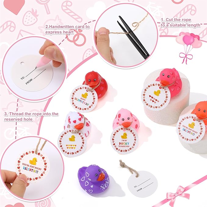 Jerify 12 Pcs 2 Inch Valentines Ducks for Kids Classroom Exchange Gifts Valentine's Day Rubber Ducks with Gifts Cards Mini Heart Rubber Duckies Valentines Party Favors Toys, 6 Styles (Novel)