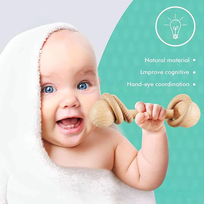 Chriswell Wooden Baby Rattle, Newborn Wooden Rattle Toy, Natural Wooden Montessori Baby Grip 3 Ring Toy, Baby Gift Toy, Wood Rattle-1