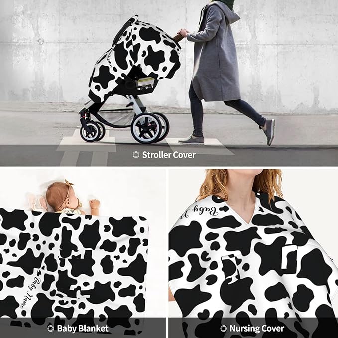Personalized Cow Markings Baby Infant Car Seats Canopy for Babies with Name, Custom Lightweight Covers for Baby Boys Girls, Minky Nursing Breastfeeding Stroller Cover for Newborn
