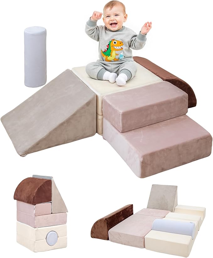 BanaSuper 5-Piece Climbing Toys for Toddlers, Kids Foam Blocks Playset with Cylinder, Foldable Design, Toddler Indoor Soft Play Gym Activity Play Set for Crawling and Active Play(Blue, Grey)
