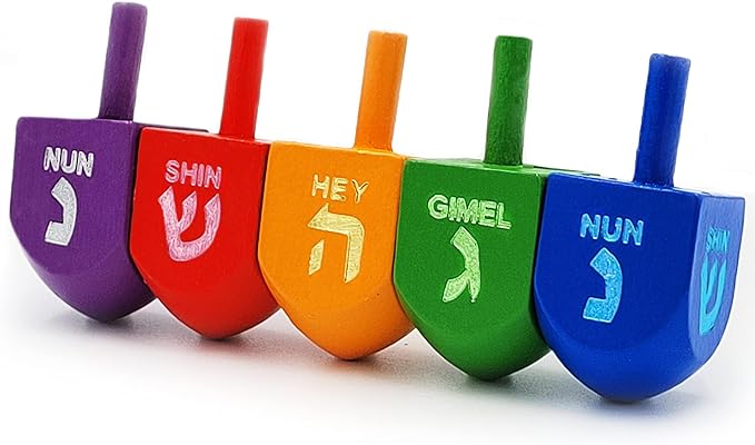The Dreidel Company Wood Multi-Colored Dreidels Medium Sized Hanukkah Draydels with English Transliteration (Pack of 200)