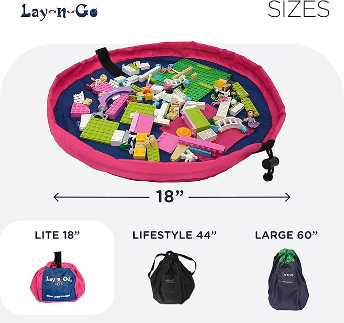 Lay-n-Go Layflat Portable Drawstring Cinch Storage Toy & Mini Figures Organizer & Play Mat, Mesh Pockets, Home & Travel, Kids & Toddlers Playdates, 2 Straps for Backpack, Durable, Machine Washable