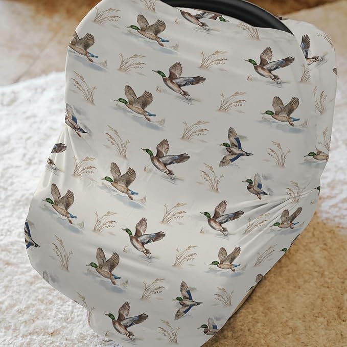 Wild Ducks Mallards Baby Car Seat Covers Vintage Duck Hunting Stretchy 5-in-1 Cover Adjustable Car Canopy Breastfeeding Cover Retro Duck Leaves Pond Breathable Nursing Cover-Up