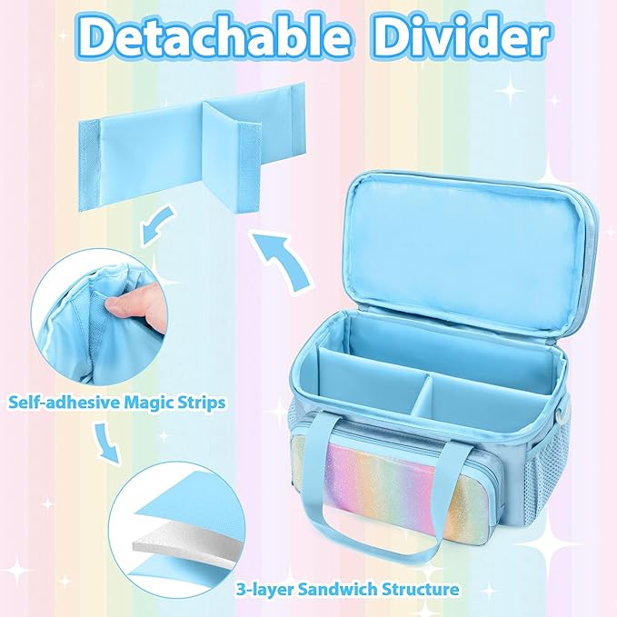 GRAOSO Hair Bow Organizer for Baby Girls, Double Layer Hair Accessories Storage Bag, Rainbow Sequins Design, with Handle and Detachable Shoulder Strap (Case only) (Blue)