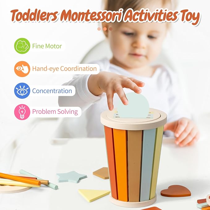Montessori Toys for 1 2 3 Year Old, 3 in 1 Wooden Learning Color Sorting Toys for Toddlers 12-36 Month Old, Wooden Educational Toy, Fine Motor Developmental Sensory Matching Games