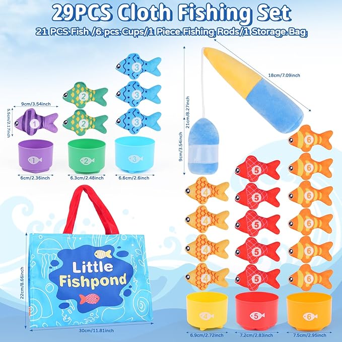 Fishing Game for Toddlers 1-3, Montessori Fishing Toy Set with 29PCS Cloth Fish & Stacking Cups, Educational Toys for Number & Color Sorting, Birthday Gifts for 1 2 3 Year Old Boys Girls