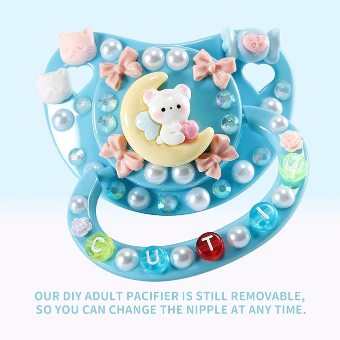 CutiePlusU Adult Sized Pacifier Dummy for Adult-Big Shield DIY Handmade-Blue Moon Bear